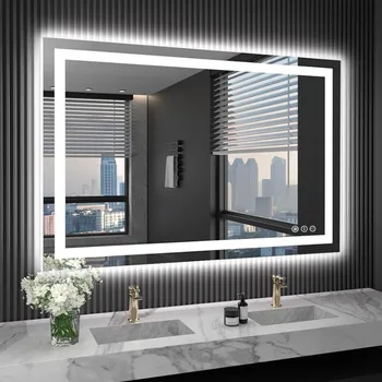 48X32 Светодиодное Зеркало для Ванной Комнаты с Подсветкой, Противотуманное, Регулируемое, С Подсветкой + Передняя Подсветка, Настенное Туалетное Зеркало для ванной комнаты с подсветкой