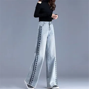 Джинсы Женские Винтажные широкие брюки с вышивкой, с высокой талией, карман на пуговицах, Свободные брюки, Весенне-летняя женская одежда ZM201