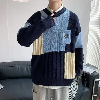 Свитер в стиле пэчворк в стиле ретро для мужчин на осень и зиму, новая свободная корейская версия, парные вязаные свитера для верхней одежды