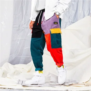 Модные мужские вельветовые брюки с контрастным цветом, повседневные брюки-карго с эластичной резинкой на талии для маленьких ног