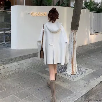 Роскошное двустороннее шерстяное пальто из шелка тутового цвета, женское короткое шерстяное пальто высокого качества с капюшоном, теплая куртка, модная осенне-зимняя
