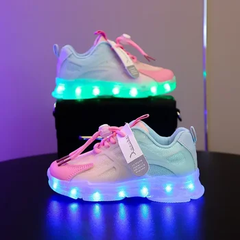 Дышащая красочная светящаяся обувь со светящейся подошвой Детская светодиодная обувь Для мальчиков и девочек Кроссовки с подсветкой USB-зарядное устройство Светящаяся обувь Сетка
