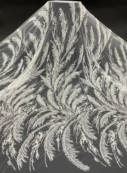 Изысканная Африканская кружевная ткань с белым и серебристым бисером для дизайна свадебного вечернего платья