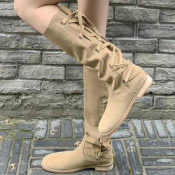 Женские сапоги до колена из натуральной кожи на плоской подошве с круглым носком, длинные ботинки на шнуровке, женские модные ботинки Осень-зима Zapatos Para Mujeres