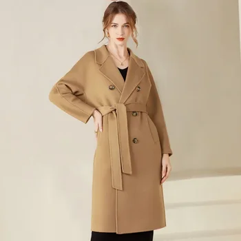 Осенне-зимнее Новое Кашемировое Классическое двубортное женское длинное пальто из утолщенной двусторонней шерсти MUXI MM