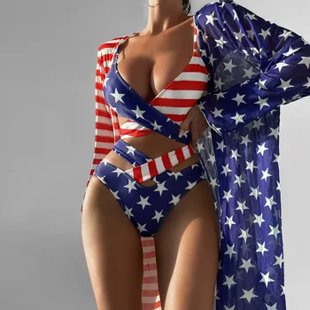 Женский купальный костюм с американским флагом, комплект бикини из трех частей, раздельный купальник, Женский купальник с флагом в звездную полоску для похудения