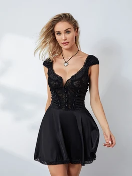 Женское Осенне-Весеннее Модное Мини-платье с длинным рукавом, Черное, Элегантное, с V-образным вырезом, Повседневное, Трапециевидной формы, С Высокой талией