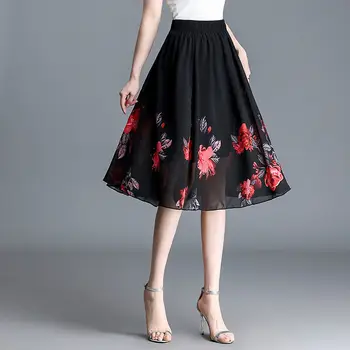 Летняя шифоновая юбка трапециевидной формы с эластичным поясом и модным принтом Оверсайз, женская одежда, офисная женская тонкая юбка с цветочным рисунком и высокой талией
