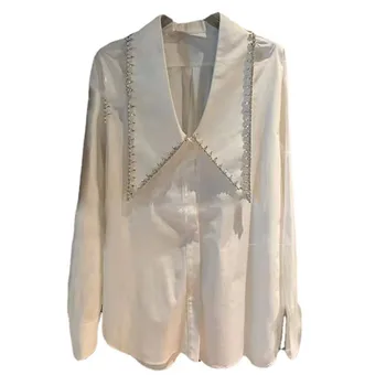 Украшенная бисером Белая блузка с большим отложным воротником, женская свободная универсальная рубашка с длинным рукавом, топы q657