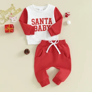 Детские Рождественские наряды из 2 предметов, толстовка с длинным рукавом и брюки с буквенным принтом, комплект одежды для малышей