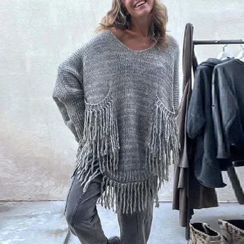 Модный свитер с кисточками и карманами, осенний Сексуальный женский вязаный свитер с V-образным вырезом и длинным рукавом, Повседневные свободные офисные пуловеры, топы