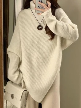 Вязаный свитер с высоким воротом, Женский Корейский модный Однотонный свитер неправильной формы, женские Осенне-зимние Повседневные пуловеры с длинным рукавом