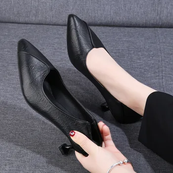2023 Весна и осень, новая женская обувь, черные туфли на высоком каблуке, не уставшие, рабочая обувь из мягкой кожи на среднем каблуке