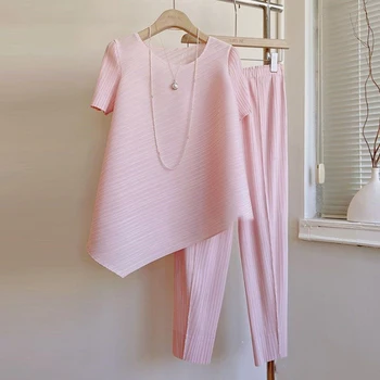 Корейская модная повседневная розовая футболка, расклешенные брюки, женские летние комплекты из 2 предметов, женские наряды, блузки