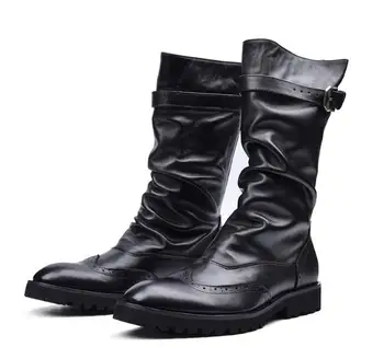 Зимние черные мужские ботинки с высоким берцем из натуральной кожи, модные мужские мотоциклетные ботинки до колена с острым носком, мужские