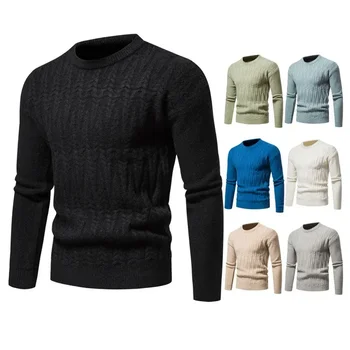 Весенне-осенний новый молодежный мужской трикотаж, приталенный пуловер с круглым вырезом, повседневный свитер, однотонная подкладка, крупная нить