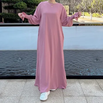 Под Абайей Внутреннее Длинное платье-комбинация, Однотонные манжеты, исламская одежда, Повседневная мусульманка, Скромный халат Хиджаби в стиле дубайского турка