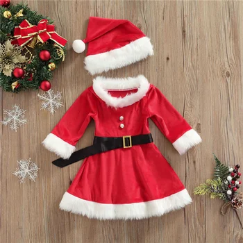 Комплект Рождественской юбки Для Маленьких девочек Blotona, Пышное Платье с длинными рукавами и вырезом лодочкой + Шляпа + Поясной костюм для Детей от 1 до 5 лет