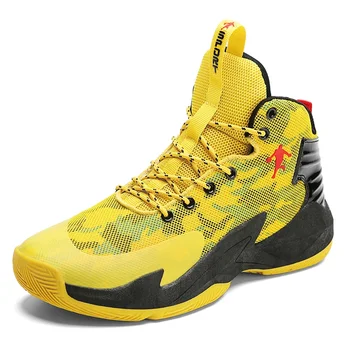 Модные сетчатые желтые баскетбольные туфли для мужчин, высокие нескользящие мужские кроссовки, баскетбольная амортизирующая эластичная спортивная обувь для мужчин