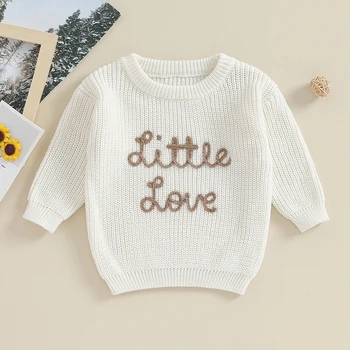 Свитер для маленьких девочек с длинным рукавом и круглым вырезом с буквами, зимний теплый вязаный пуловер, свитер, одежда для младенцев