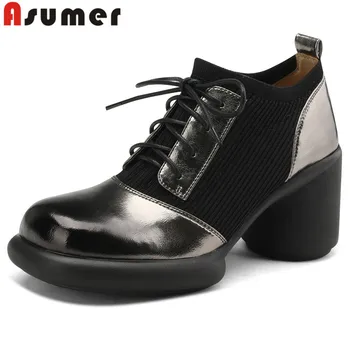 ASUMER 2023 Новая Женская Обувь из натуральной кожи на шнуровке в уличном стиле, женские туфли-лодочки на платформе, Тонкие туфли на толстом высоком каблуке