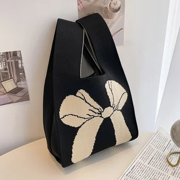 Новая вязаная сумочка ручной работы в широкую полоску, минималистичная Корейская женская мини-сумка на запястье с узлом, студенческие многоразовые сумки для покупок