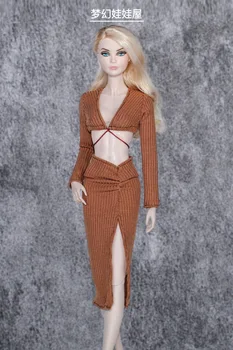 Шоколадный комплект одежды / вязаный топ с длинным рукавом + юбка / одежда для куклы, модный сексуальный наряд для куклы Барби 1/6 Xinyi FR ST.