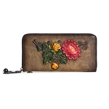Винтажный кошелек из натуральной кожи для женщин, женский кожаный кошелек с цветочным рисунком, длинный клатч из воловьей кожи для девочек для мобильного телефона