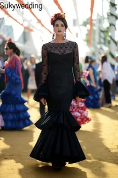Сексуальные платья для выпускного вечера в стиле русалки с длинными рукавами, черное кружевное платье в стиле испанского фламенко, Иллюзионная сетка, ретро-дворцовое платье для женщин, вечерние платья