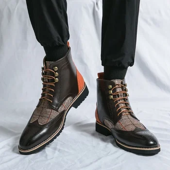 Мужские ботильоны Коричневого цвета в деловом стиле, Мужские ботинки из искусственной кожи на шнуровке с круглым носком, Размер 38-46, Мужская обувь