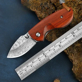 Складной нож из дамасской стали, уличный мини-портативный карманный фруктовый нож, EDC-нож высокой твердости с деревянной ручкой