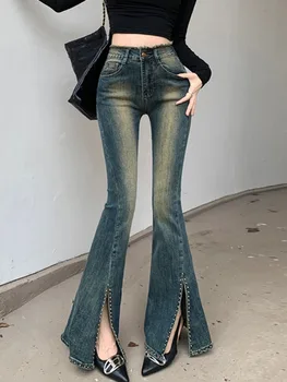 Расклешенные джинсы, женские узкие джинсовые брюки с разрезом в стиле пэчворк, модные стрейчевые брюки Mujer для женщин 2023 года