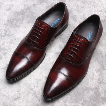 Бордово-черные мужские новые деловые модельные туфли, официальная одежда, обувь из натуральной кожи, мужские оксфорды ручной работы на шнуровке, обувь для мужчин