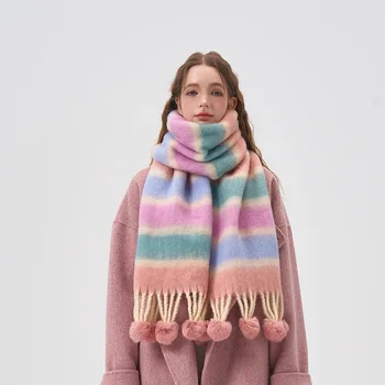 Женский шарф в полоску допаминового цвета для зимы, большая мягкая роскошная дизайнерская шаль из пашмины, шарфы-накидки для девочек