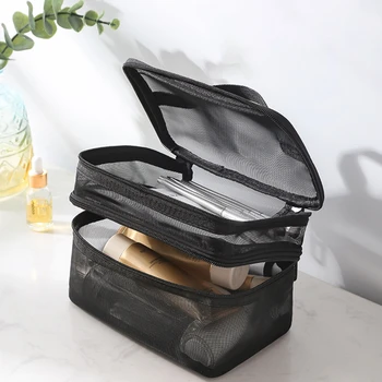 Портативная дорожная 2-слойная косметическая сумка-органайзер, Прозрачная складная сетчатая сумка для хранения на молнии, сумка для макияжа большой емкости