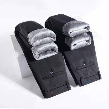 Зимние Теплые мужские деловые повседневные брюки, утолщенная фланелевая флисовая резинка с высокой талией, офисные прямые черные брюки классического покроя.