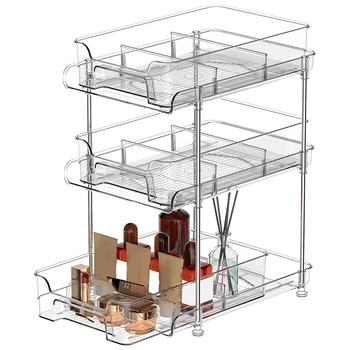 Многоуровневый прозрачный выдвижной органайзер с 3-мя ячейками для хранения, многоцелевой выдвижной контейнер для хранения, простота установки на кухне в ванной комнате