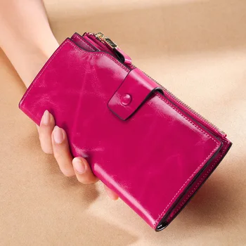 Новый стиль, кожаный длинный женский кошелек с защитой от кражи rfid, кошелек с несколькими картами, винтажная женская сумочка из кожи с масляным воском