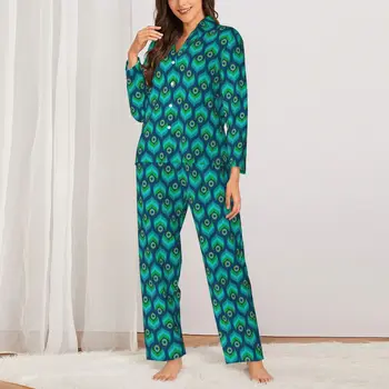 Пижамные комплекты с павлиньими перьями, Милая пижама с животным принтом, Женская Повседневная пижама с длинным рукавом для отдыха, пижама из двух предметов Большого размера