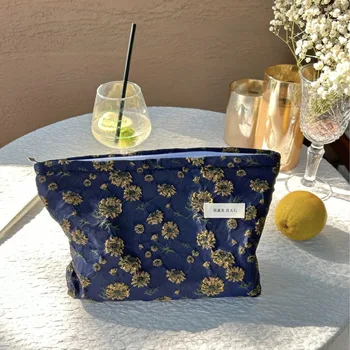 1 предмет, косметичка для женщин золотистого темно-синего цвета, косметички с ромашками, ретро-эстетическая цветочная сумочка, дорожная сумка большой емкости