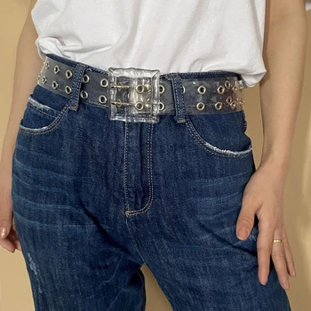 Модный прозрачный пояс из ПВХ с двубортными ремнями с отверстиями в стиле панк для женщин, повседневный уличный ремень-цепочка, джинсовый пояс