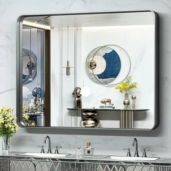 Настенное зеркало TokeShimi 48x40 дюймов, Черное туалетное зеркало для ванной комнаты с металлической рамой из алюминиевого сплава, мягкий закругленный угол для современного