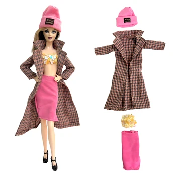 Новый осенний костюм в клетку, модная кукольная одежда, винтажное повседневное пальто с длинными рукавами + юбка + Шляпа + топ для аксессуаров куклы Барби