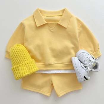 Летняя детская одежда детский комплект из чистого хлопка с длинными рукавами, детский свитер с отворотами, шорты, простая повседневная спортивная одежда из двух предметов