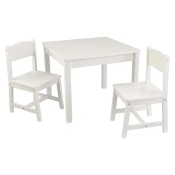 Деревянный стол из осины и набор стульев для детской мебели белого цвета Прочная конструкция Подходит для использования внутри помещений Простота установки