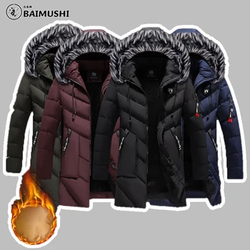 Зимняя мужская длинная куртка BAIMUSHI Из теплого утолщенного хлопка с несколькими карманами, Шерстяная теплая парка с капюшоном, Водонепроницаемая верхняя одежда, Винтажное пуховое пальто