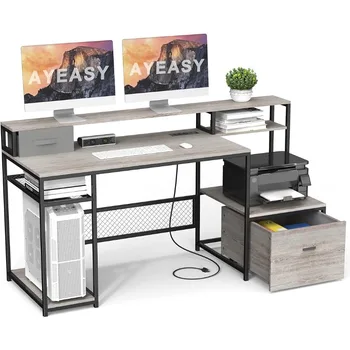 Удобный домашний офисный стол с полкой-подставкой для монитора, большой компьютерный стол 66 дюймов с электрической розеткой и USB-портом для зарядки