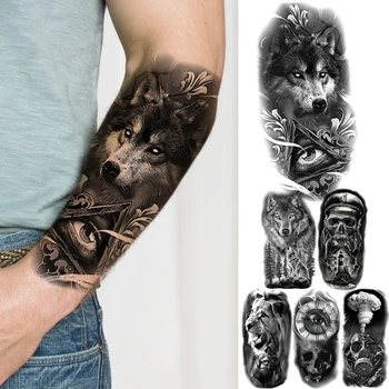 Временные татуировки с геометрическими глазами племенного волка для мужчин и женщин, поддельная татуировка в виде черепа Пиратского Льва, Водонепроницаемые татуировки на теле, ногах, бедрах