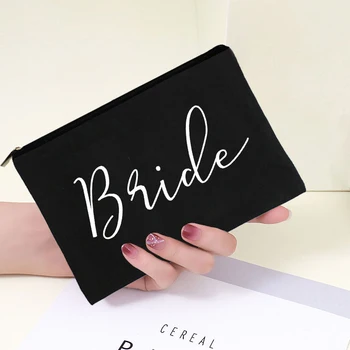 Простая женская черная косметичка на молнии с принтом невесты, сумка для губной помады, кисточки для макияжа, портативная сумка для уборки большой емкости для свадьбы