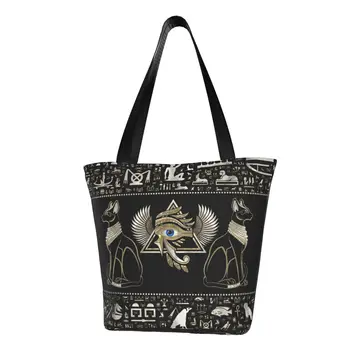 Египетские кошки иероглифы Сумка для покупок из бакалеи Холщовые сумки для покупок через плечо Большая вместительная сумка Egypt Eye Of Horus